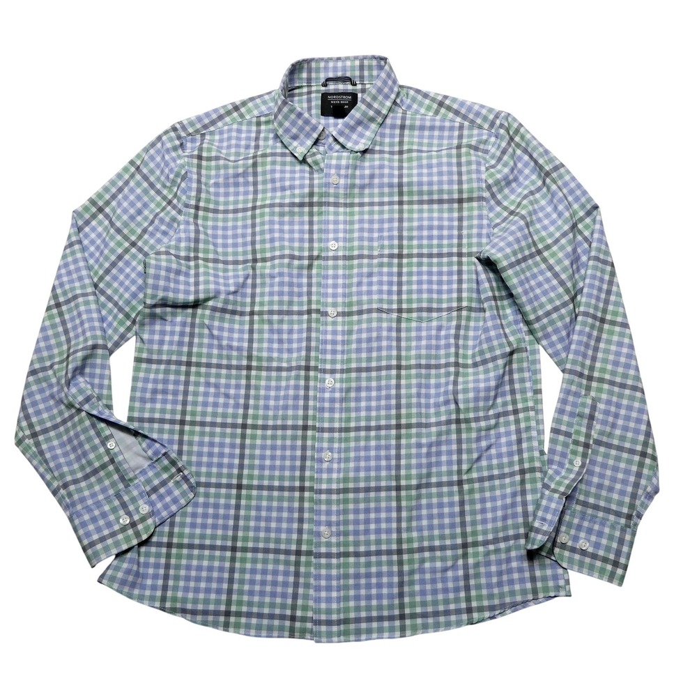 Nordstrom Men's Shop Shirt Mens Large Blue Plaid Long Sleeve Tech-Smart Stretch